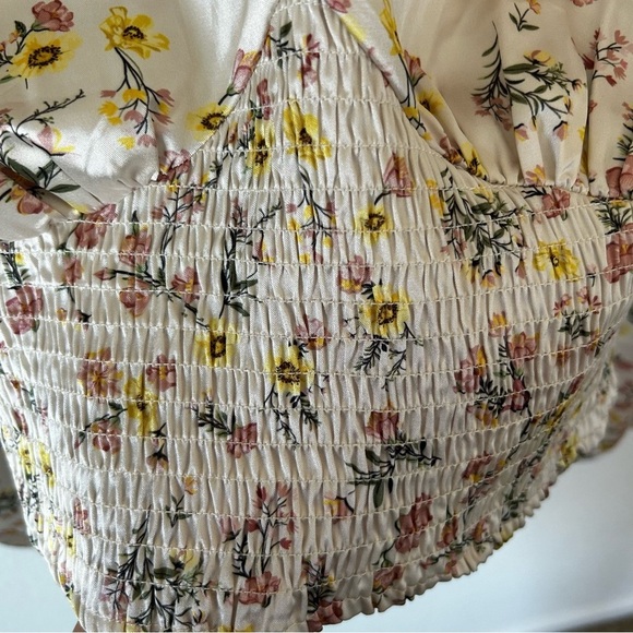 Guess Floral Satin Cropped Blouse with Long Sleeves, V Cutout Neck, Buttons - Picture 5 of 12